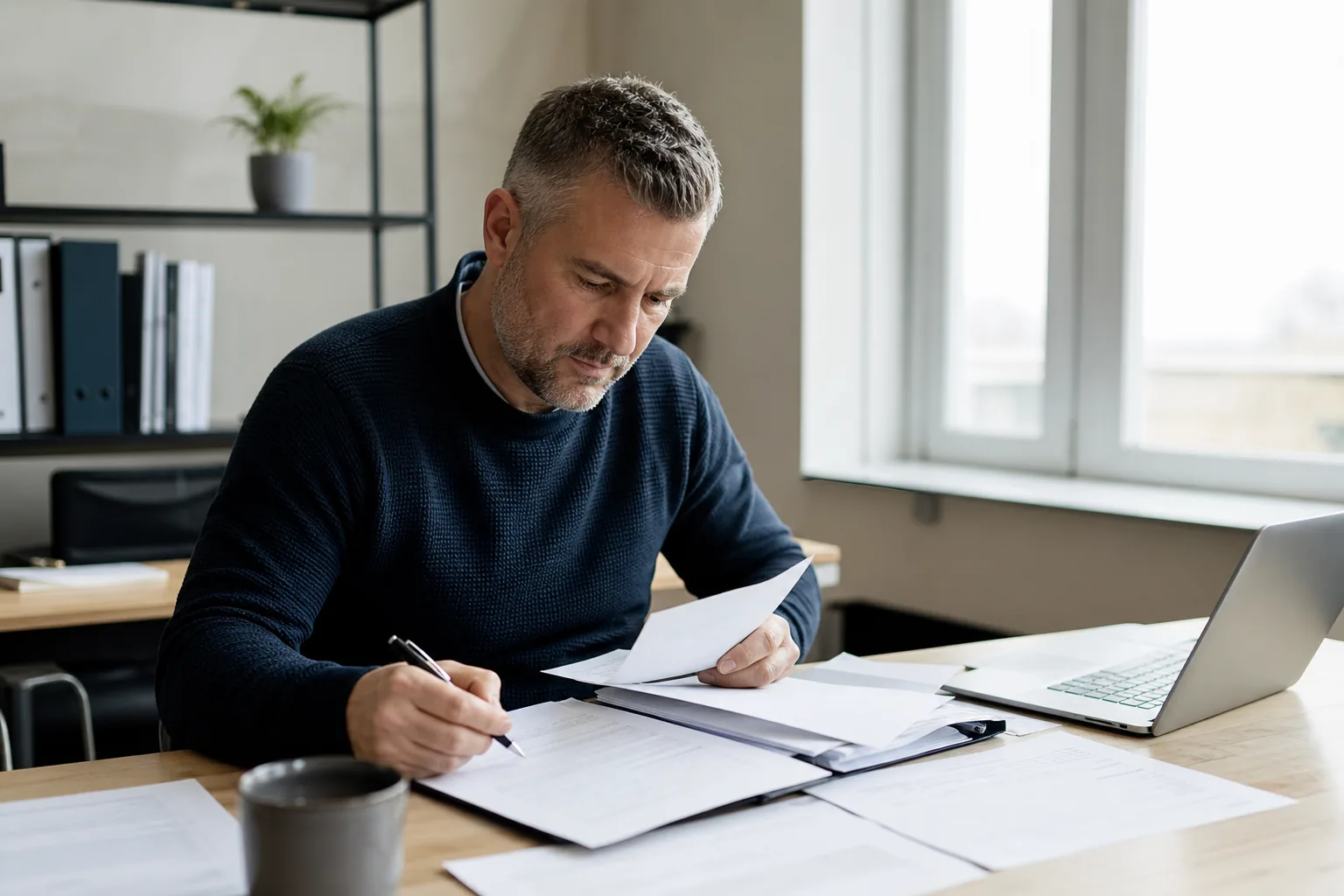 Administratief werk op een klein Nederlands kantoor. Beeld bij het artikel: Hoe zet je een urenregistratie op die je het hele jaar volhoudt?